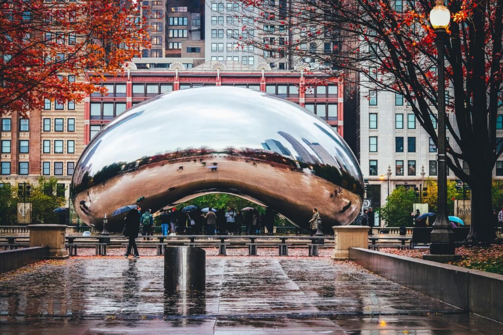 pexels-photo-1569012-1569012 The iconic Cloud Gate sculpture, also known as The Bean, on a rainy day in Millennium Park, Chicago.